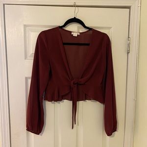 Wine-red, sheer tie-front top
